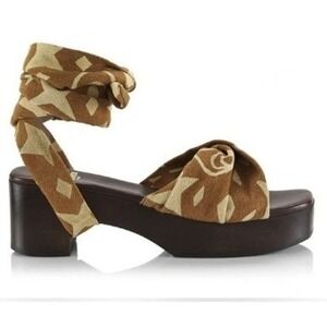 Brother Vellies Balabou‎ Batik Sandal Wood Clog Ankle Wrap Tie Brown Gold 8 Boho